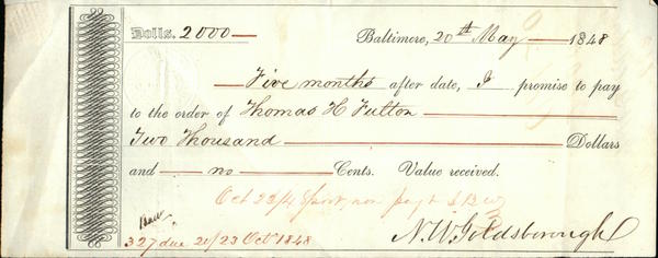 1848 Baltimore Promissory Note (Bills of Exchange) N.W. Goldsbouough 1848 Baltimore Promissory Note (Bills of Exchange) N.W. Goldsbouough