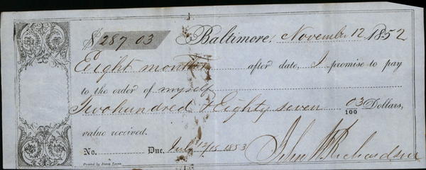 1852 Baltimore Baltimore Promisory note to himself John Richardson 1852 Baltimore Baltimore Promisory note to himself John Richardson