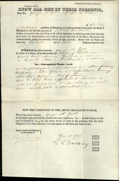 1850 Baltimore Maryland (MD) document by George M Gill who argued famous case with US Supreme Court Justice Roger Taney 1850 Baltimore Maryland (MD) document by George M Gill who argued famous case with US Supreme Court Justice Roger Taney