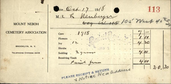 1918 Brooklyn New York (NY) Receipt Mount Neboh Cemetery Association Mr. L. Neuberger JEWISH 1918 Brooklyn New York (NY) Receipt Mount Neboh Cemetery Association Mr. L. Neuberger JEWISH